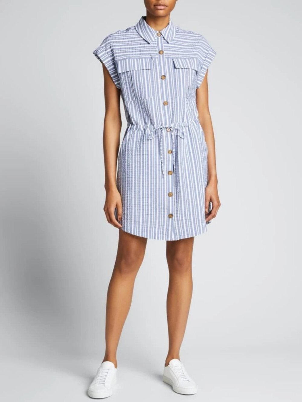 VERONICA BEARD Cris Blue & White Striped Mini Shirt Dress Pockets ~ Size M